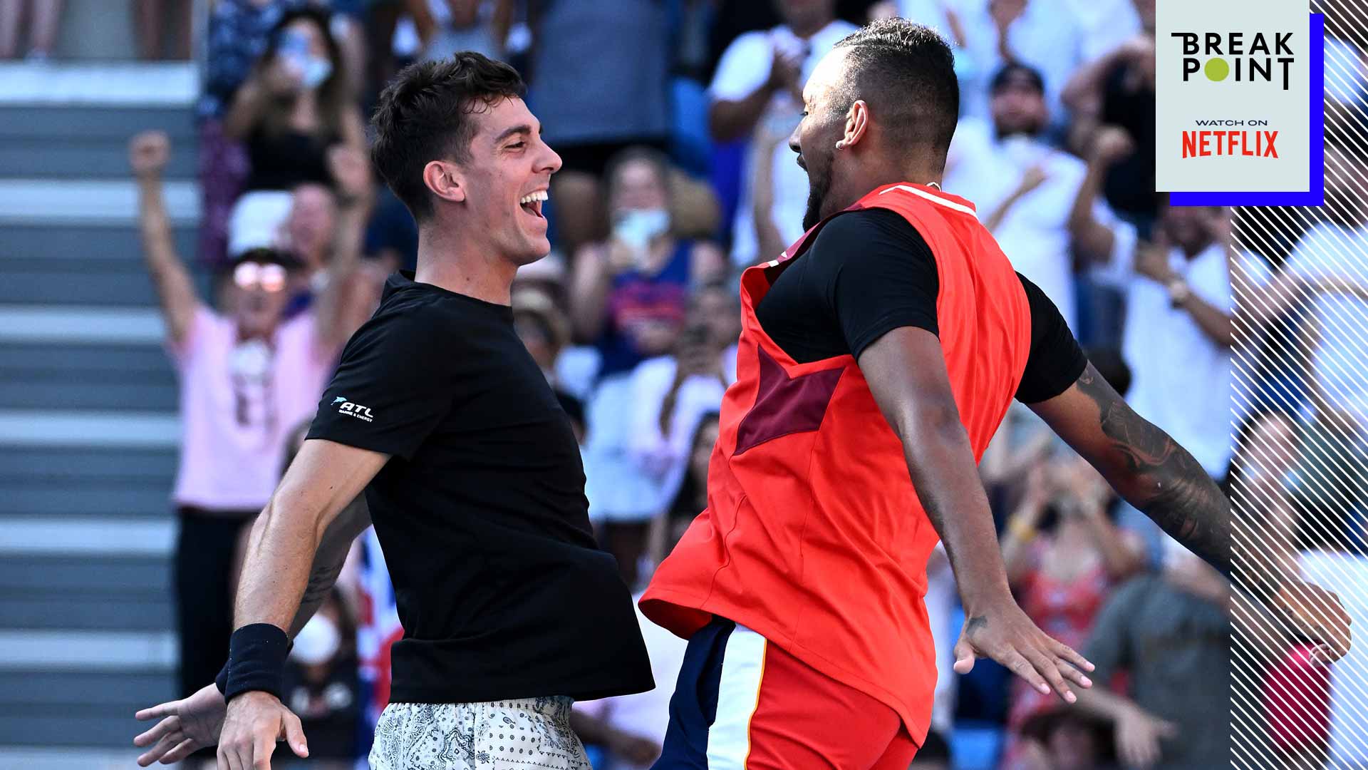 Thanasi Kokkinakis (left) and Nick Kyrgios celebrate at the 2022 Australian Open.