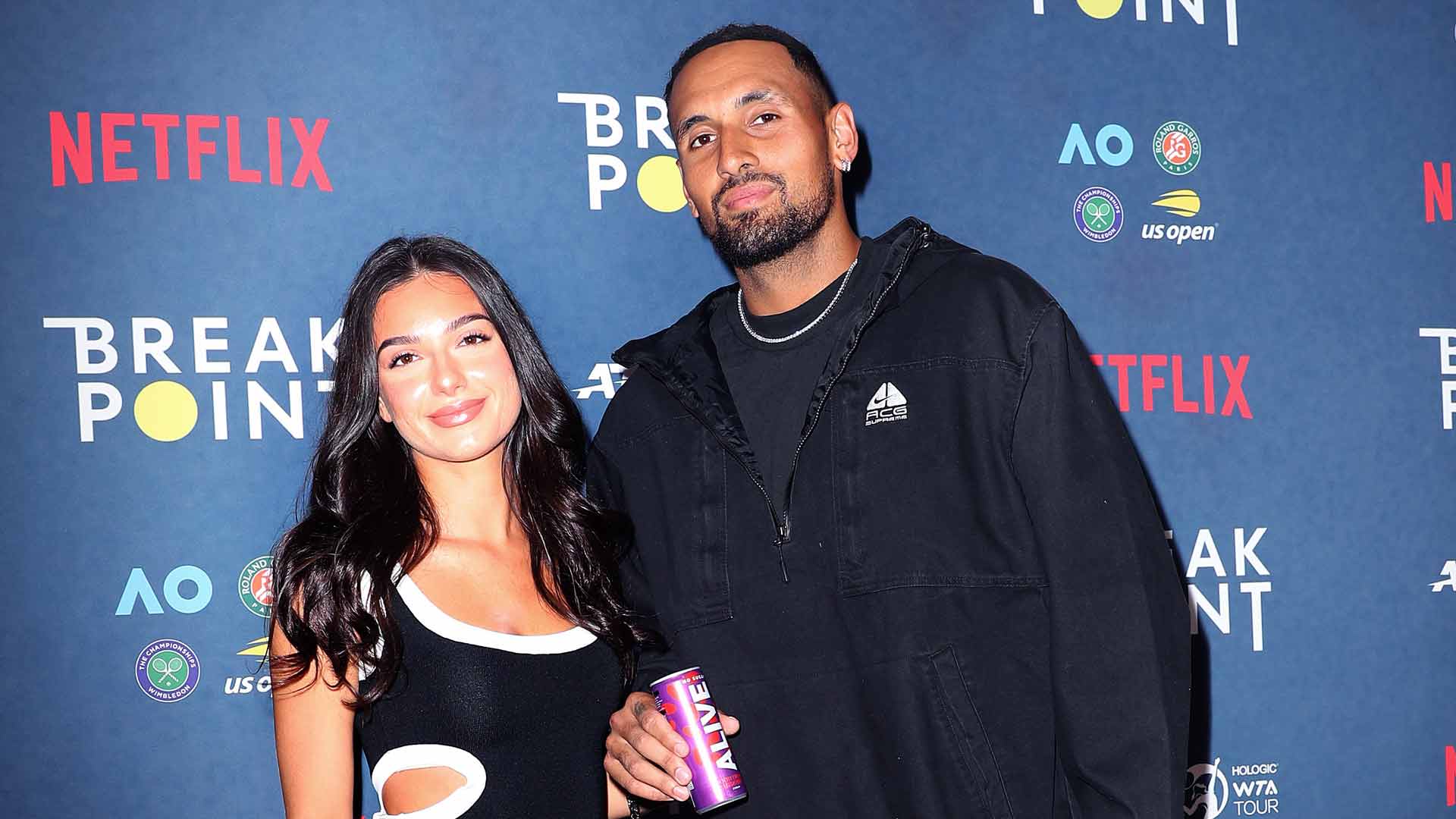 Nick Kyrgios and his girlfriend Costeen Hatzi at the premiere of Netflix's Break Point.