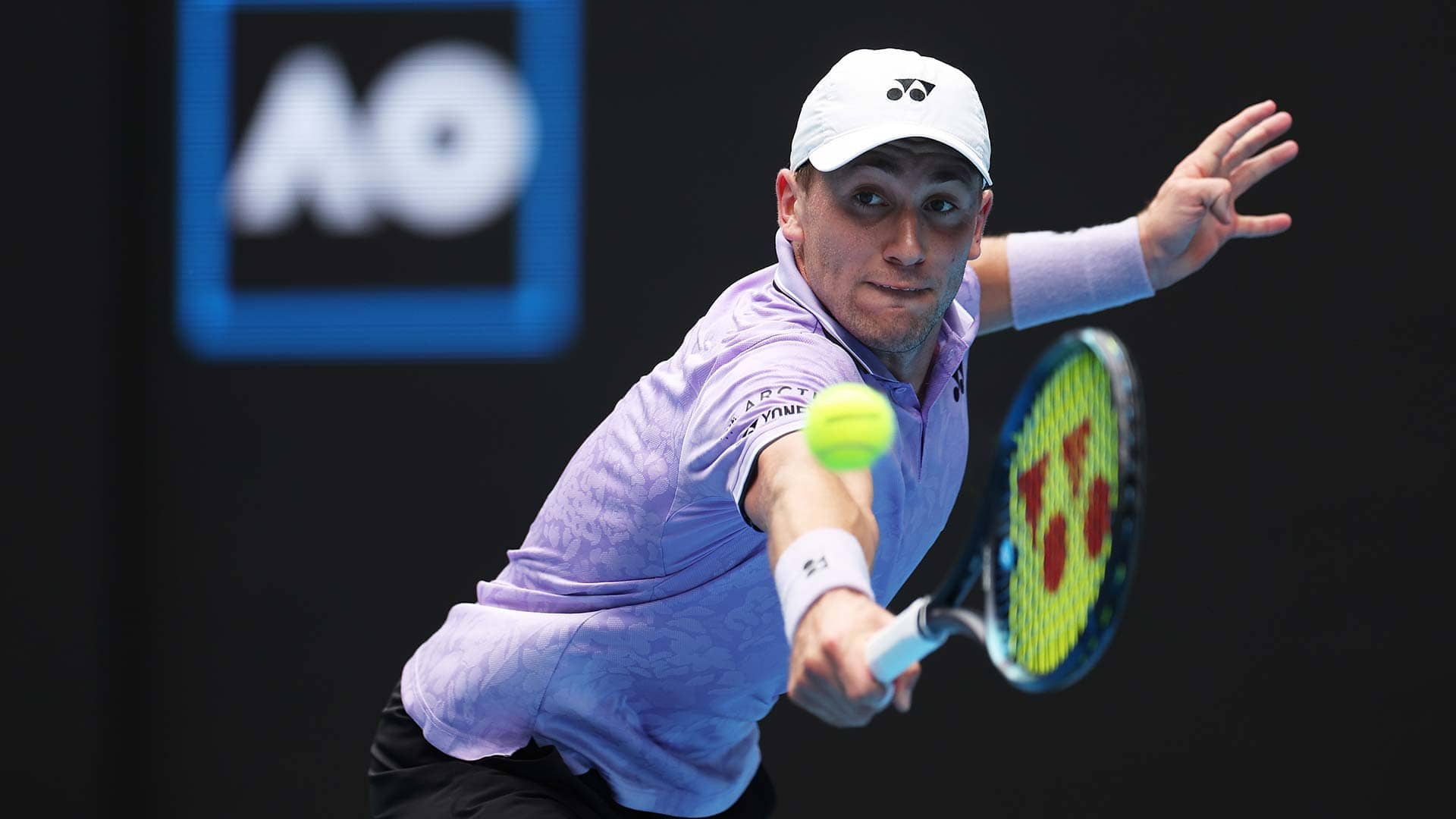 Casper Ruud in action against Jenson Brooksby on Thursday in Melbourne.