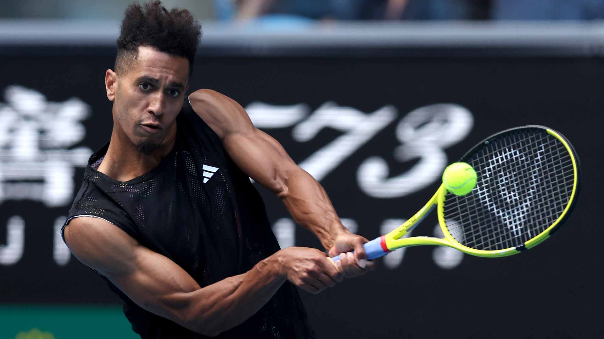 Mmoh in action during the second round at the <a href='https://www.atptour.com/en/tournaments/australian-open/580/overview'>Australian Open</a>, where he upset <a href='https://www.atptour.com/en/players/alexander-zverev/z355/overview'>Alexander Zverev</a>.