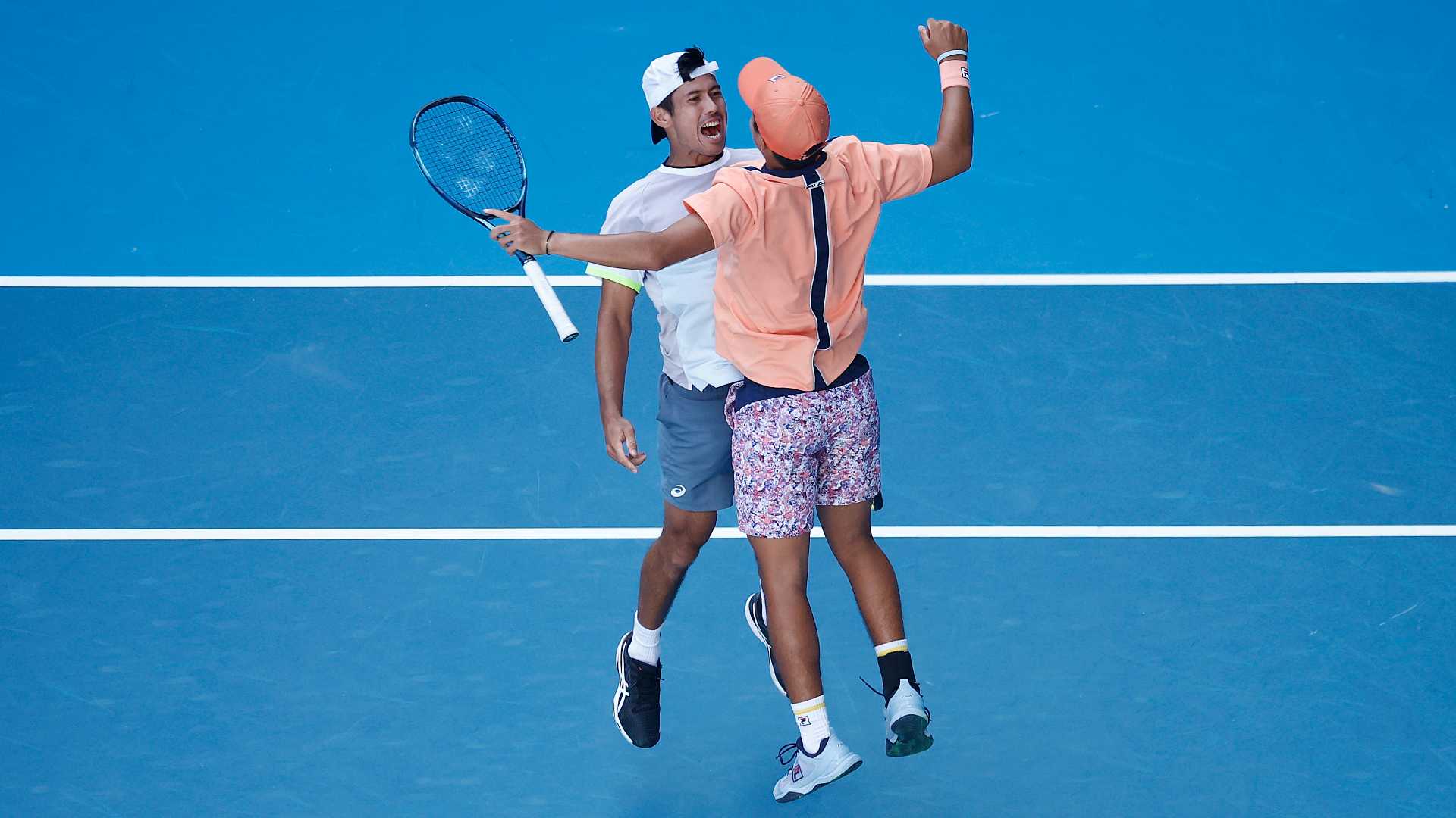 Jason Kubler and Rinky Hijikata celebrate their third-round doubles win at the Australian Open.