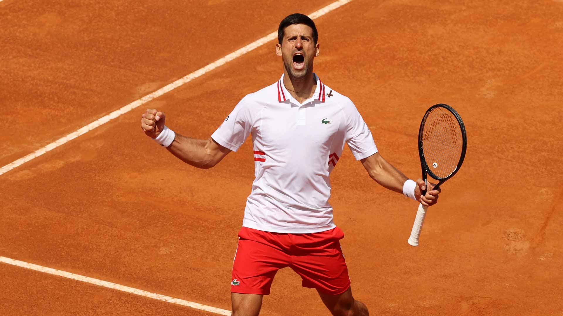 <a href='https://www.atptour.com/en/players/novak-djokovic/d643/overview'>Novak Djokovic</a> rallies from a set down to defeat <a href='https://www.atptour.com/en/players/stefanos-tsitsipas/te51/overview'>Stefanos Tsitsipas</a> at the 2021 ATP Masters 1000 event in Rome.