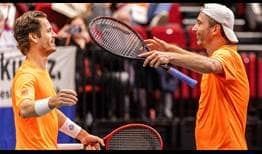 Wesley Koolhof and Matwe Middelkoop celebrate clinching the tie for the Netherlands on Sunday.