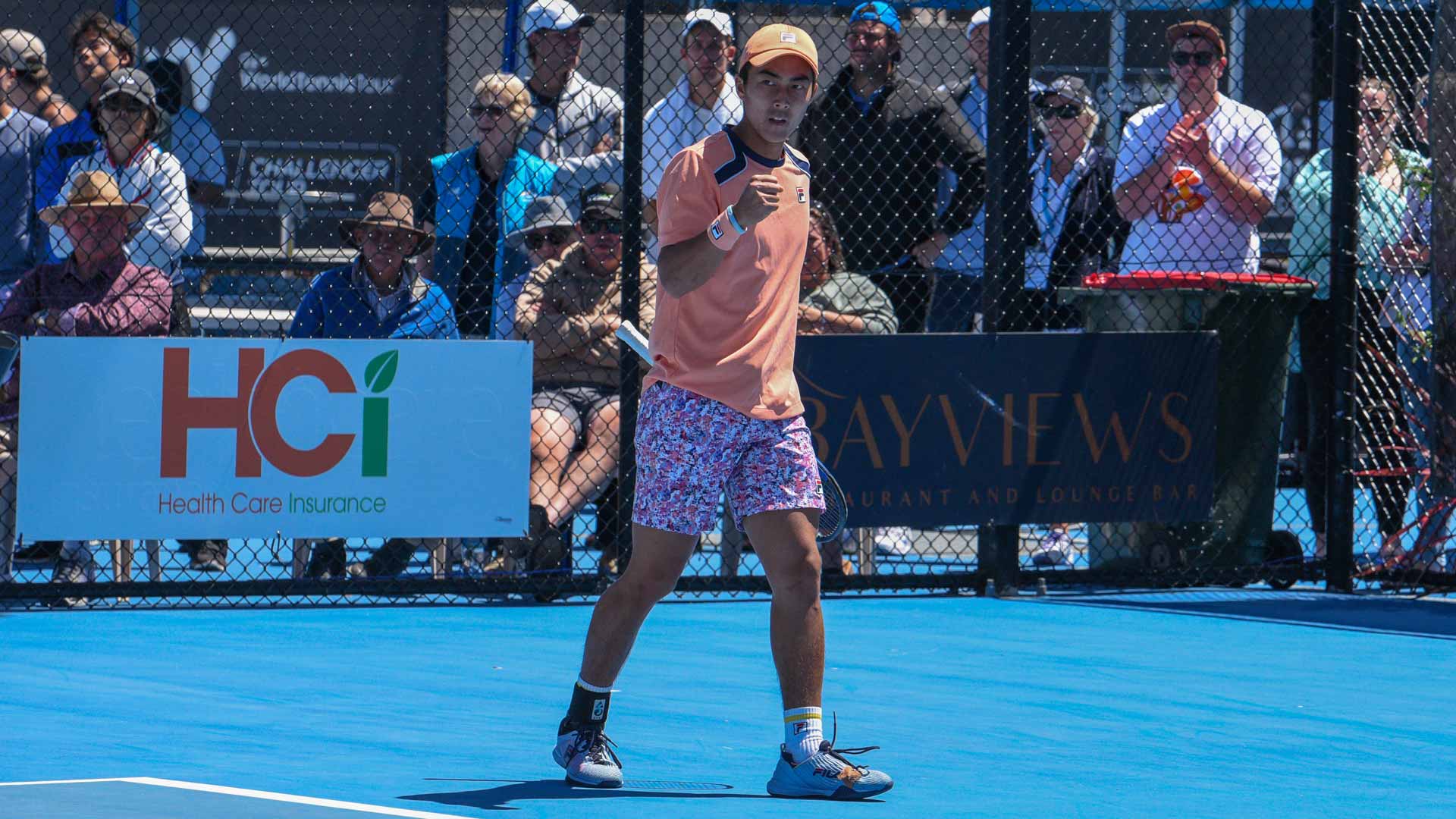 <a href='https://www.atptour.com/en/players/rinky-hijikata/h0bh/overview'>Rinky Hijikata</a> at the 2023 Burnie Challenger.