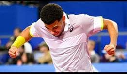The 18-year-old Arthur Fils celebrates his first-round victory against Richard Gasquet on Monday at the Open Sud de France in Montpellier.