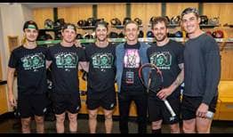Left to right: Wyatt Johnston, Ty Dellandrea, Colin Miller, Denis Shapovalov, Tyler Seguin and Mason Marchment