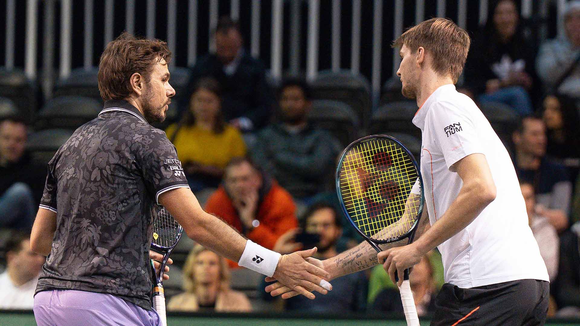 Stan Wawrinka and Alexander Bublik in action during their first-round doubles victory on Tuesday in Rotterdam.