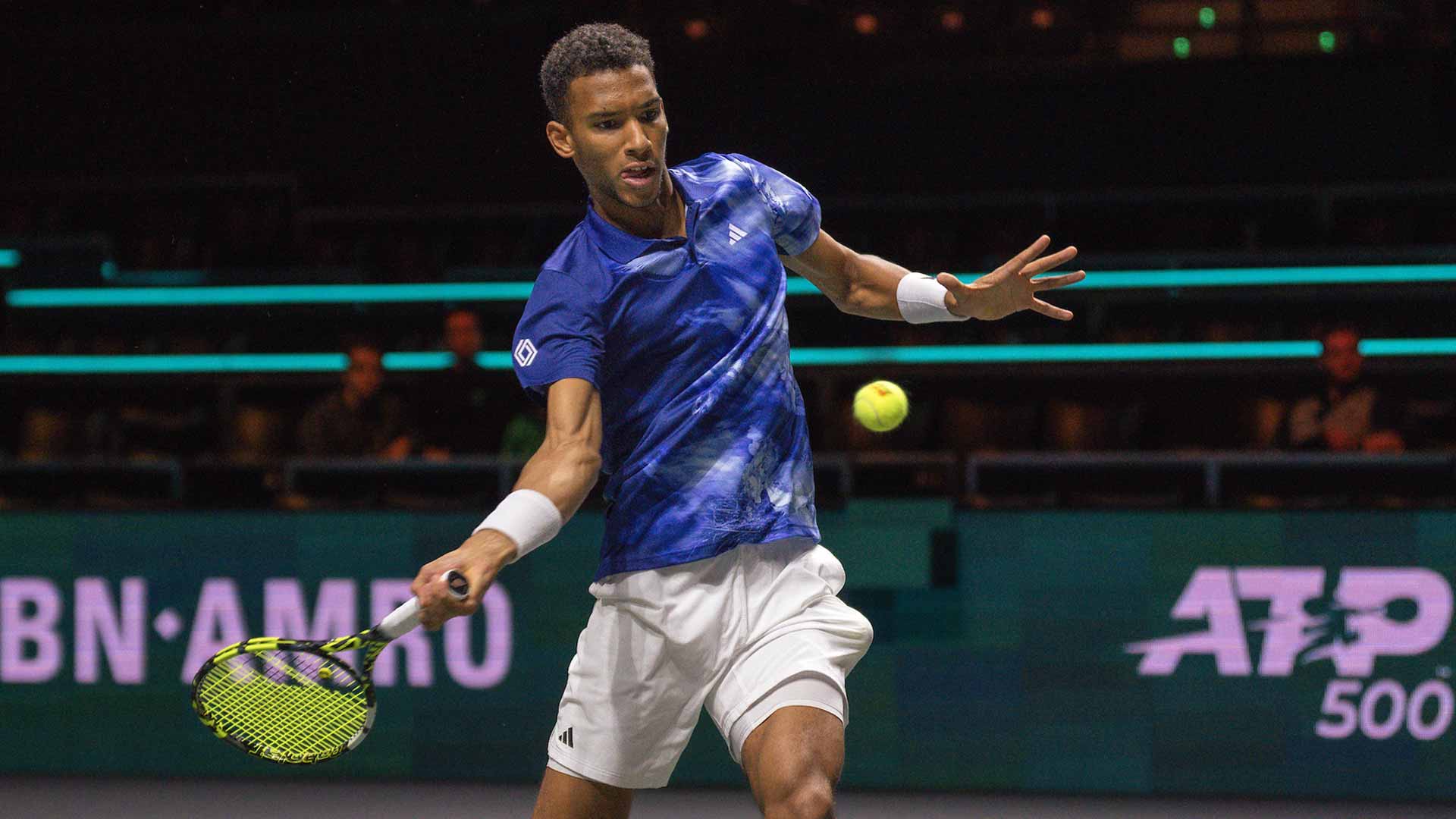 Felix Auger-Aliassime in action Thursday at the 2023 ABN AMRO Open.