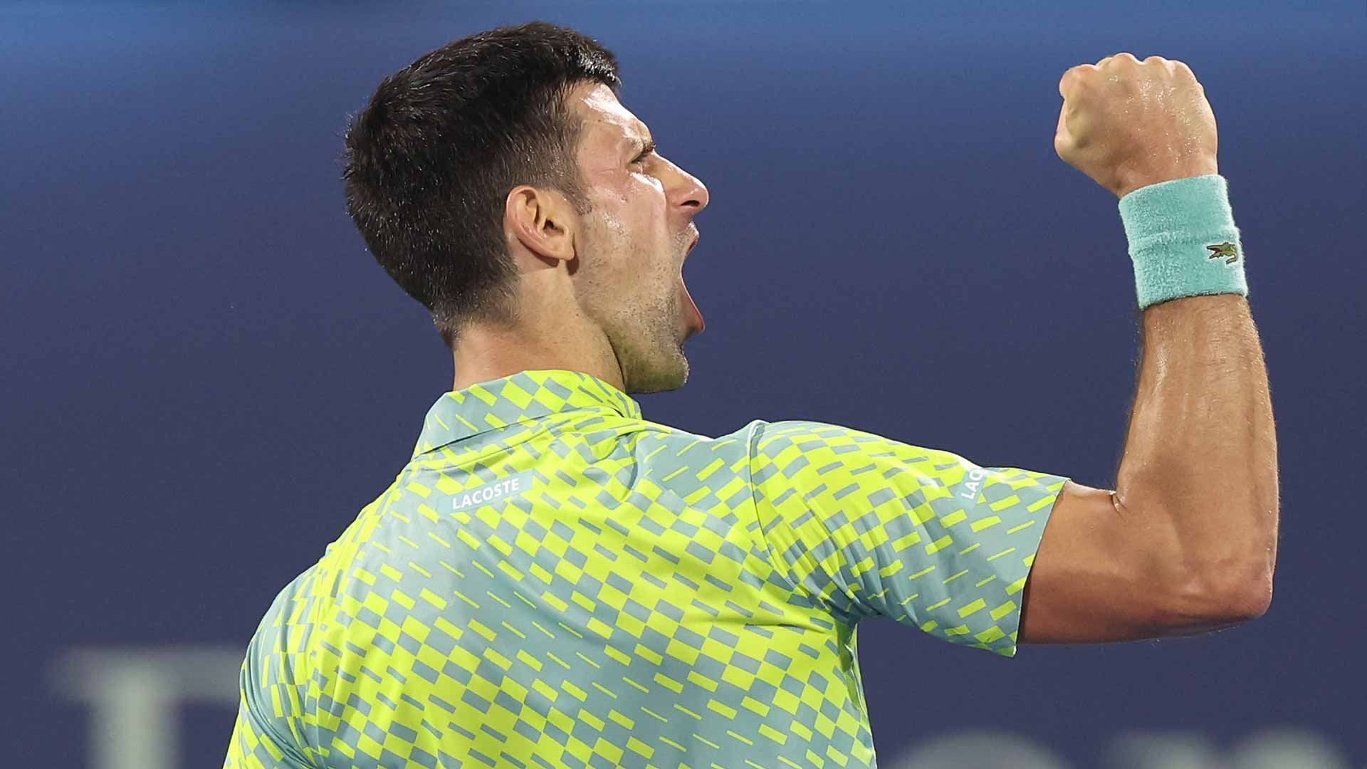 Novak Djokovic celebrates during his thrilling three-set win against Tomas Machac on Tuesday in Dubai.