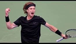 Andrey Rublev celebrates during his remarkable second-round victory against Alejandro Davidovich Fokina on Wednesday in Dubai.