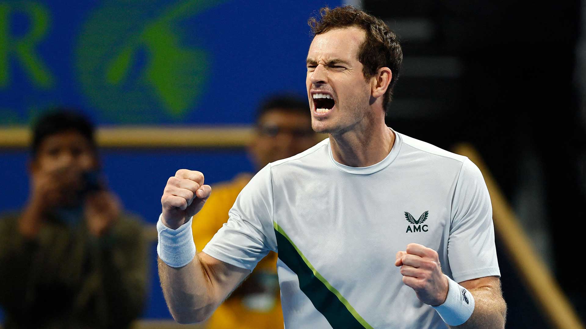 Andy Murray celebrates after saving five match points to defeat Jiri Lehecka in late February in Doha.