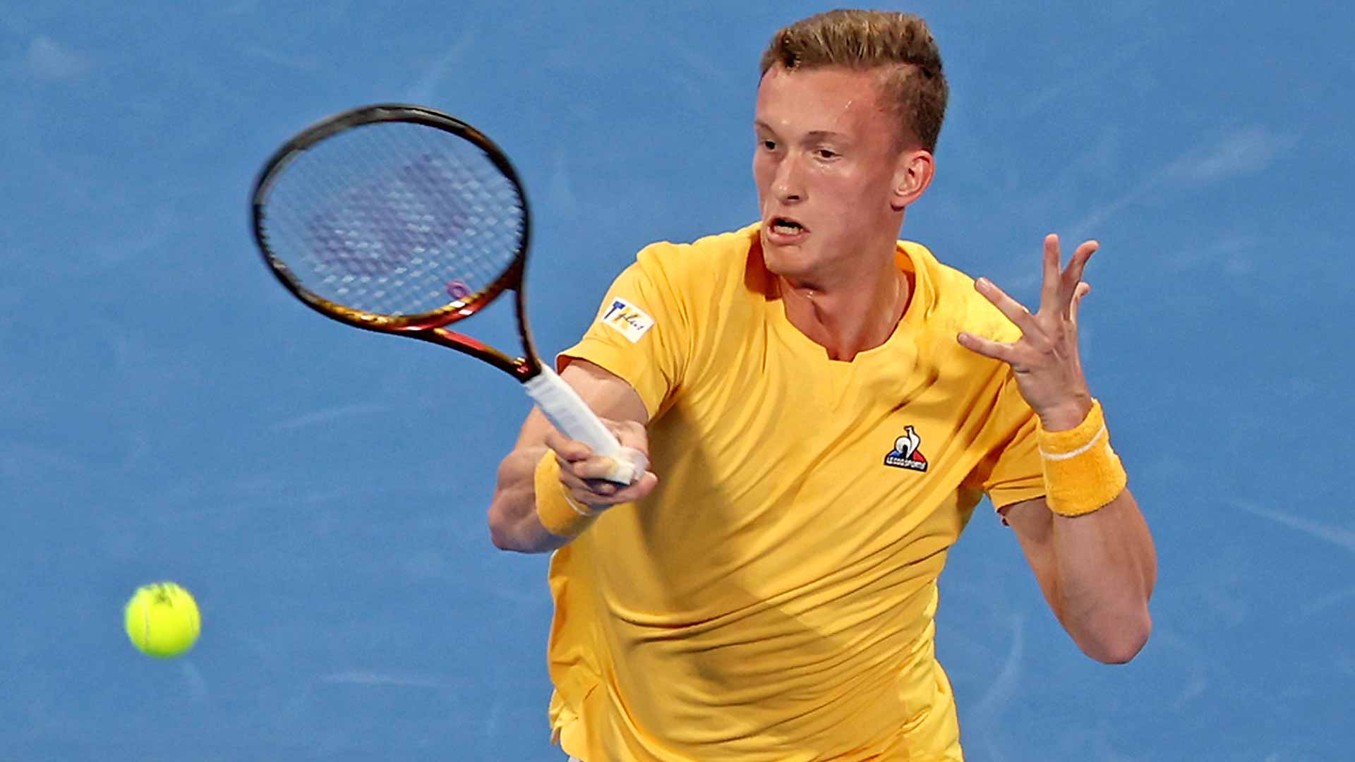 DUBAI, UAE, 4th March 2023. 2022 champion Andrey Rublev in action during  the men's singles final of the Dubai Duty Free Tennis Open Championships.  3rd seed Daniil Medvedev defeated Rublev 6-2, 6-2