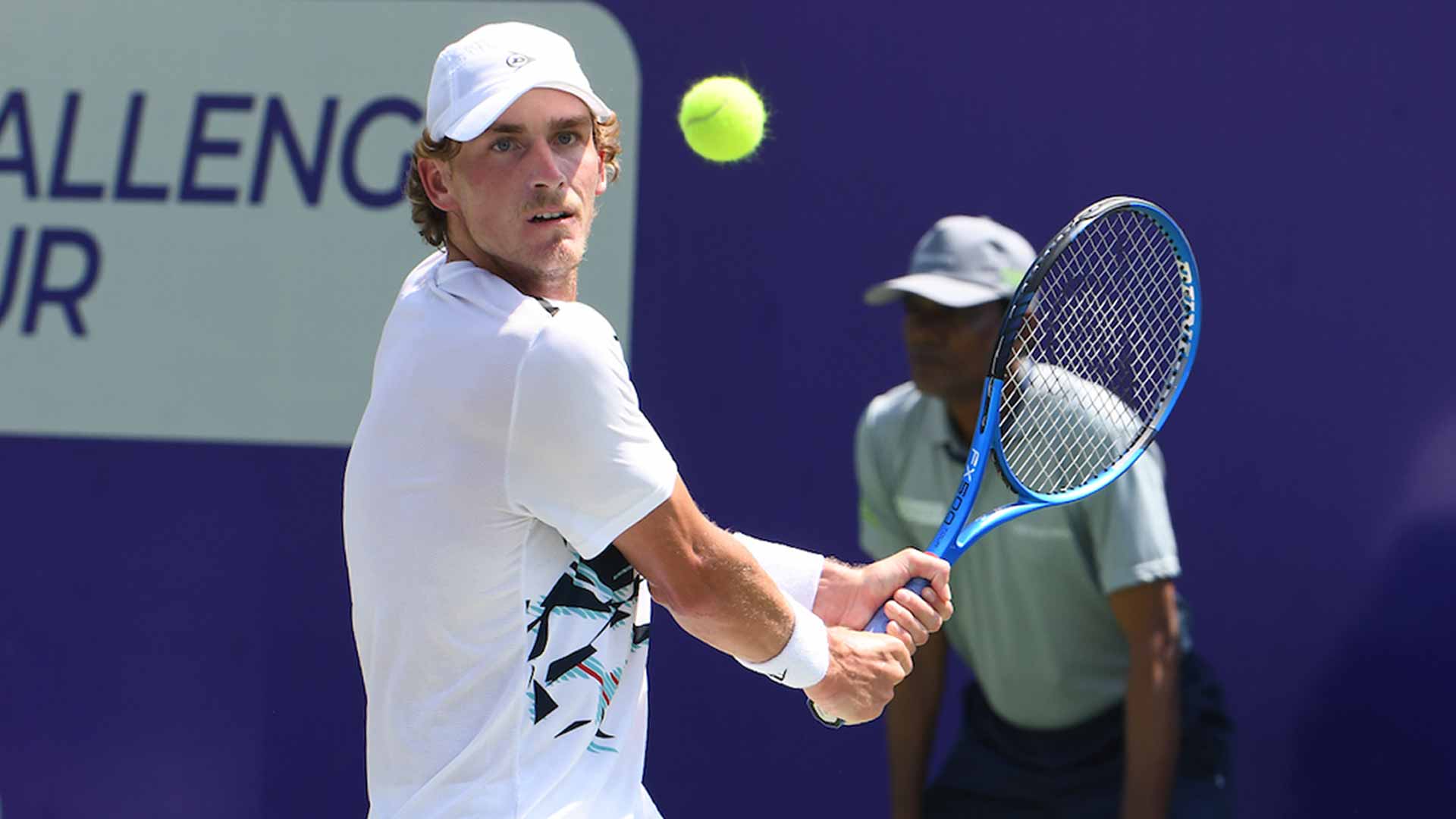 Max Purcell in action at the Chennai Challenger, where he saved two championship points to triumph.