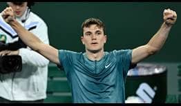 Jack Draper celebrates a famous win against Andy Murray in Indian Wells.