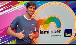 Nuno Borges celebrating his first-round qualifying win at the Miami Open presented by Itau.