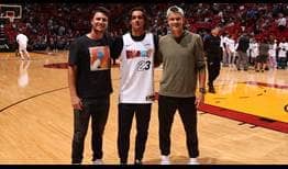 Miomir Kecmanovic, Lorenzo Musetti and Holger Rune attend Wednesday's Miami Heat game against the New York Knicks.