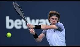 Andrey Rublev powers a backhand against J.J. Wolf on Friday at the Miami Open presented by Itau.