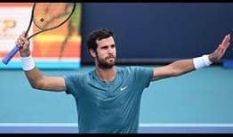 Karen Khachanov celebrates his first victory in seven tour-level meetings with Stefanos Tsitsipas on Tuesday in Miami.