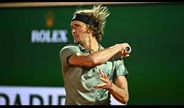 Alexander Zverev powers a forehand against Daniil Medvedev on Thursday at the Rolex Monte-Carlo Masters.