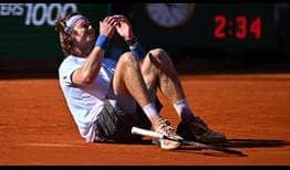 Andrey Rublev celebrates his three-set victory against Holger Rune in the Monte-Carlo final.