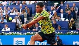 Carlos Alcaraz powers a backhand against Nuno Borges on Tuesday in Barcelona.