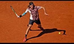 Stefanos Tsitsipas fires a forehand against Pedro Cachin on Wednesday in Barcelona.