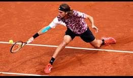 Stefanos Tsitsipas in action against Lorenzo Musetti on Saturday in the semi-finals of the Barcelona Open Banc Sabadell.