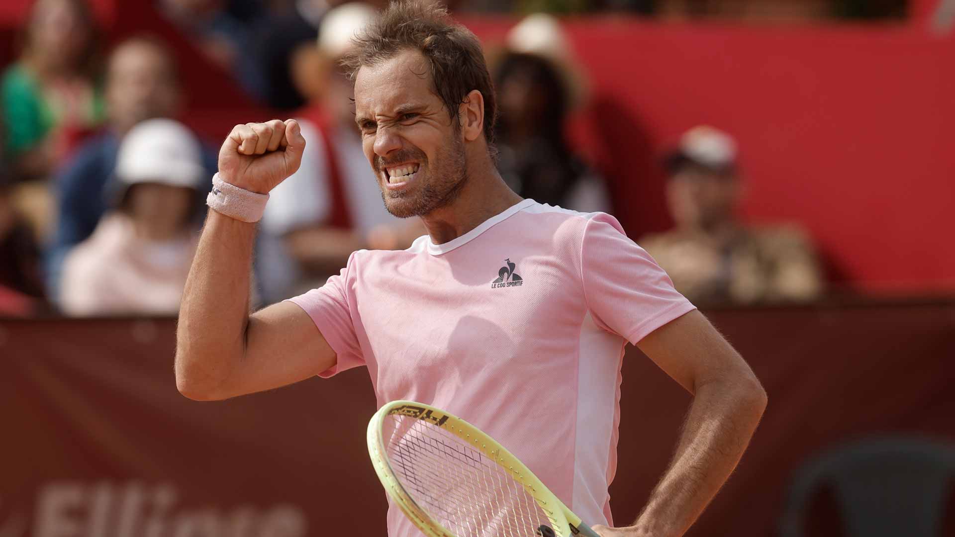 <a href='https://www.atptour.com/en/players/richard-gasquet/g628/overview'>Richard Gasquet</a> celebrates a quarter-final win at the Challenger 175 event in Bordeaux, France.