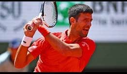 Novak Djokovic in action against Aleksandar Kovacevic on Monday at Roland Garros.