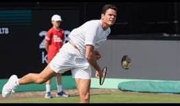 Milos Raonic in action during his 6-3, 6-4 victory against Miomir Kecmanovic on Monday in 's-Hertogenbosch.