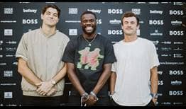 American trio Taylor Fritz, Frances Tiafoe and Tommy Paul share a light-hearted moment at the BOSS OPEN in Stuttgart.