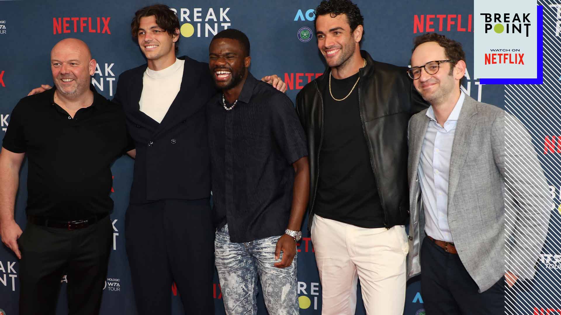 Break Point Executive Producer Paul Martin (far left) and Netflix Director of Documentary Series Gabe Spitzer pose with series stars in January.
