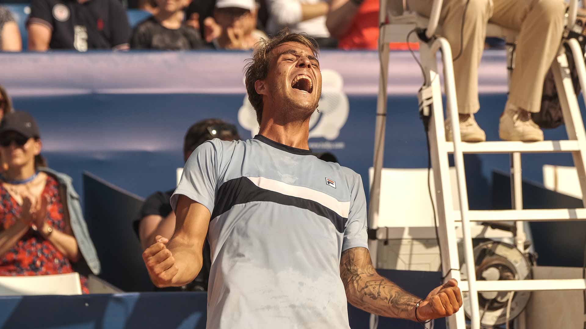 <a href='https://www.atptour.com/en/players/felipe-meligeni-alves/mw75/overview'>Felipe Meligeni Alves</a> celebrates winning the 2023 Lyon Challenger.