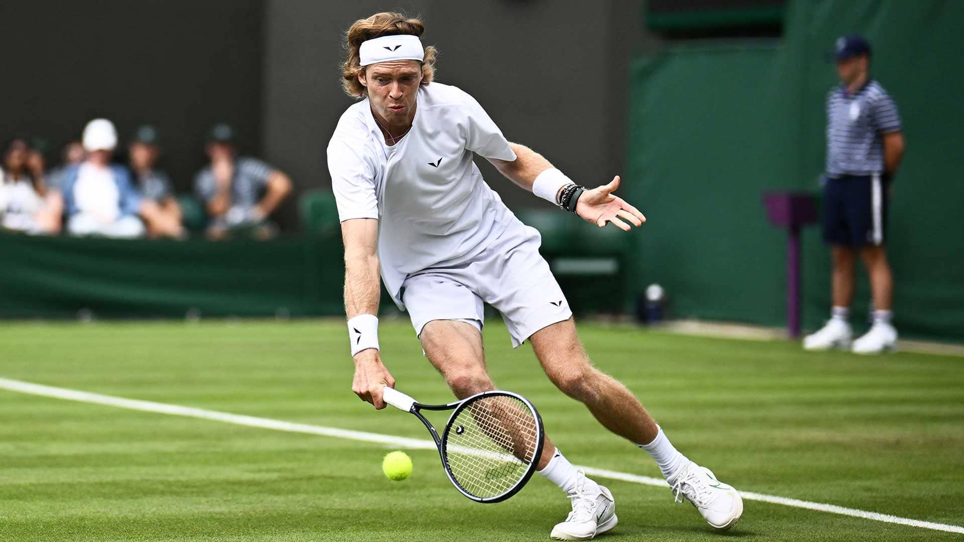 Andrey Rublev in action on Monday at Wimbledon.