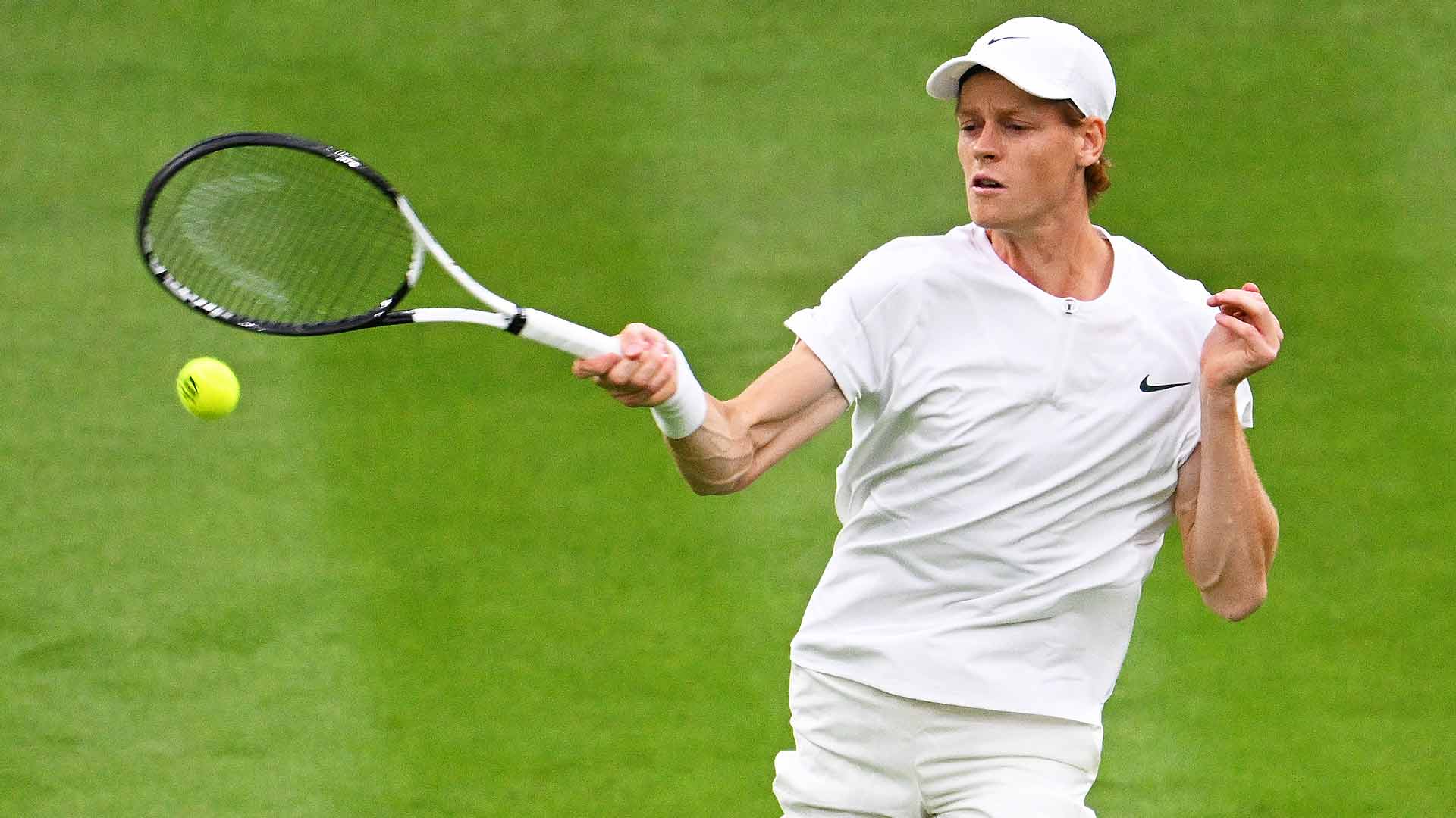 Jannik Sinner defeats Juan Manuel Cerundolo on Monday in straight sets at Wimbledon.