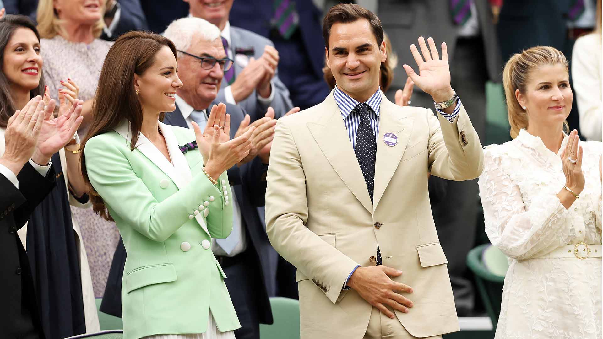Roger Federer and wife Mirka join Catherine, the Princess of Wales, in the Royal Box at Wimbledon Tuesday.