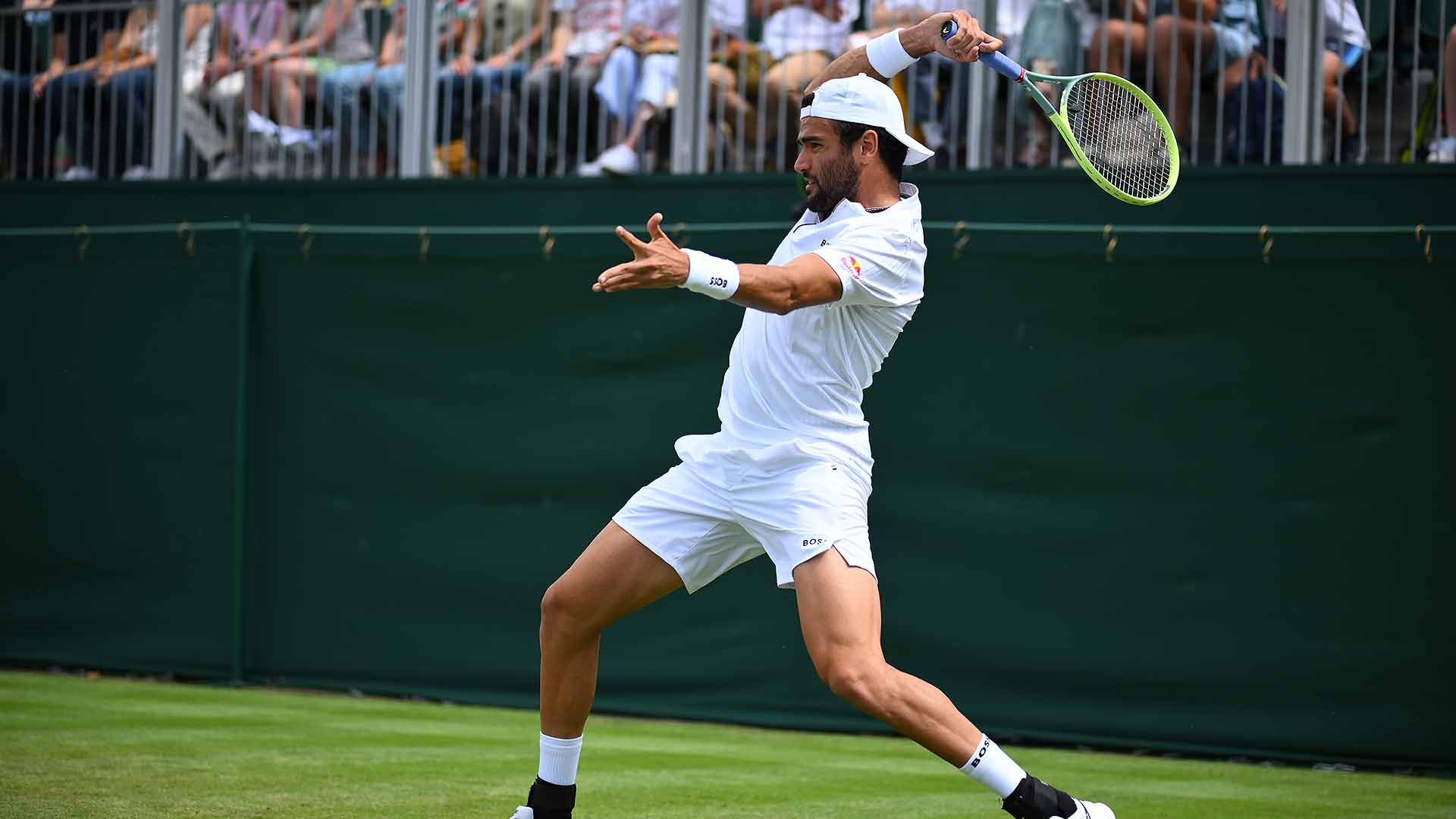 <a href='https://www.atptour.com/en/players/matteo-berrettini/bk40/overview'>Matteo Berrettini</a> in first-round action at <a href='https://www.atptour.com/en/tournaments/wimbledon/540/overview'>Wimbledon</a>.