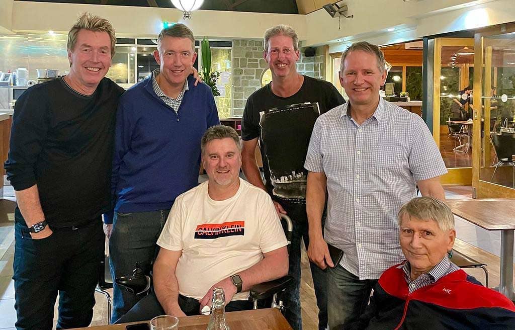 Barry's Boys: Former travelling companions <a href='https://www.atptour.com/en/players/mark-woodforde/w035/overview'>Mark Woodforde</a>, <a href='https://www.atptour.com/en/players/richard-fricker/f046/overview'>Richard Fricker</a>, Mike Derer (sitting), Marty Richards and <a href='https://www.atptour.com/en/players/gavin-pfitzner/p064/overview'>Gavin Pfitzner</a> with <a href='https://www.atptour.com/en/players/barry-phillips-moore/p078/overview'>Barry Phillips-Moore</a> at a reunion at the Edinburgh Hotel in Adelaide.