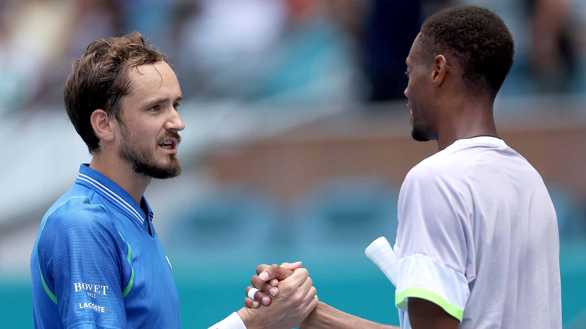 Daniil Medvedev and Christopher Eubanks shake hands after their quarter-final clash in Miami in March.