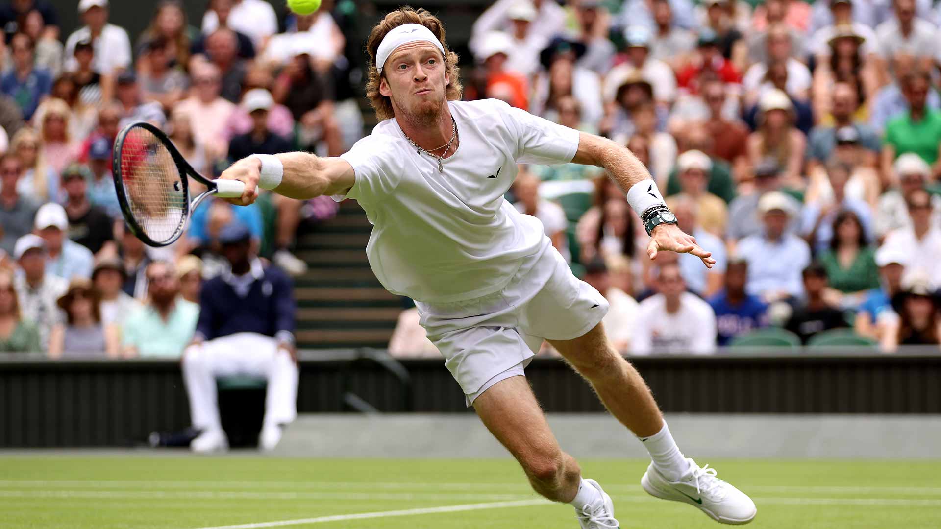 Andrey Rublev in action against Alexander Bublik on Sunday at Wimbledon.