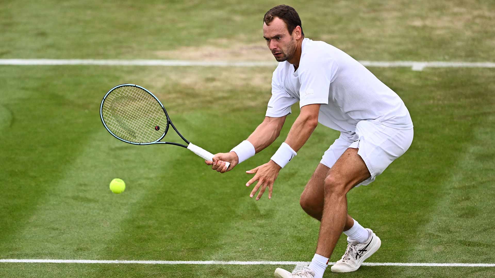 Roman Safiullin wins 18 of 23 points at the net en route to victory against Denis Shapovalov on Sunday at Wimbledon.