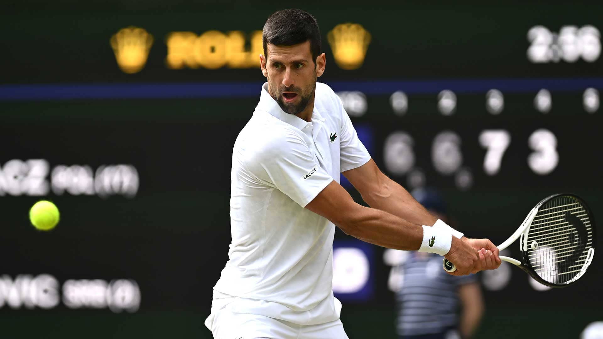 Novak Djokovic strikes 44 winners en route to victory against Hubert Hurkacz at Wimbledon.