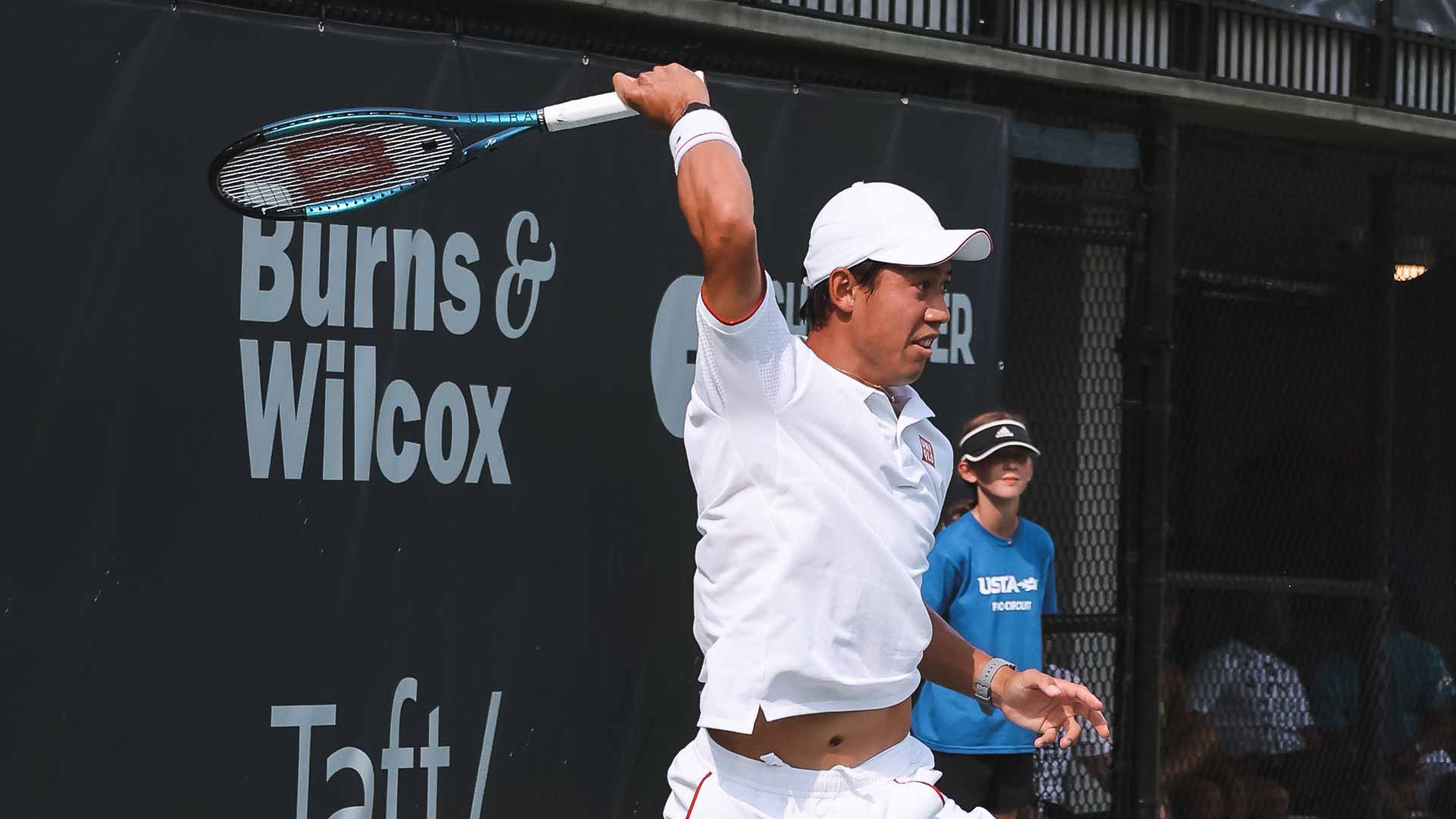 <a href='https://www.atptour.com/en/players/kei-nishikori/n552/overview'>Kei Nishikori</a> in action at the Chicago Challenger.