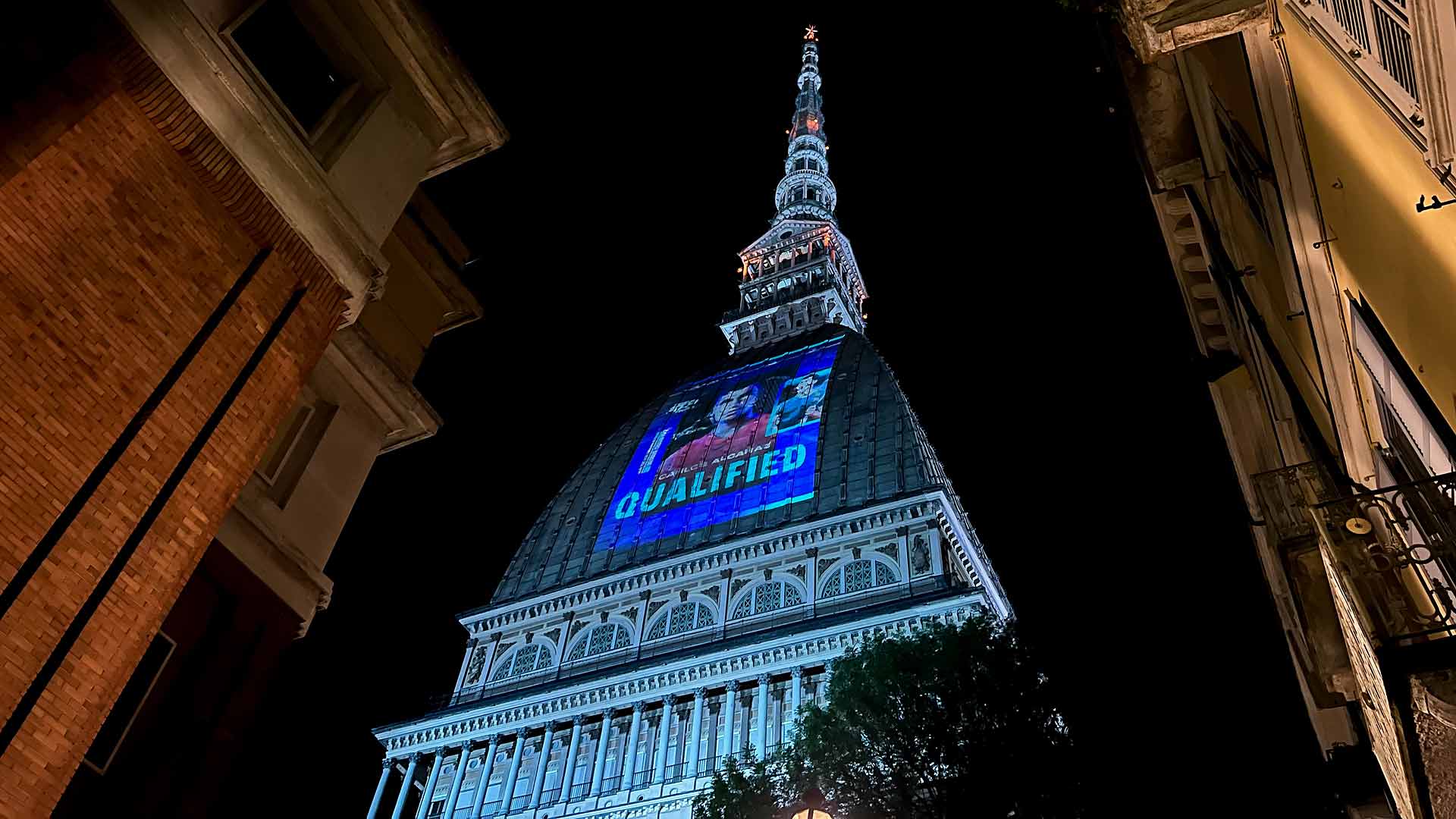 The Mole Antonelliana, the landmark of the City of Turin, displays Carlos Alcaraz as the first qualified player of the 2023 Nitto ATP Finals.