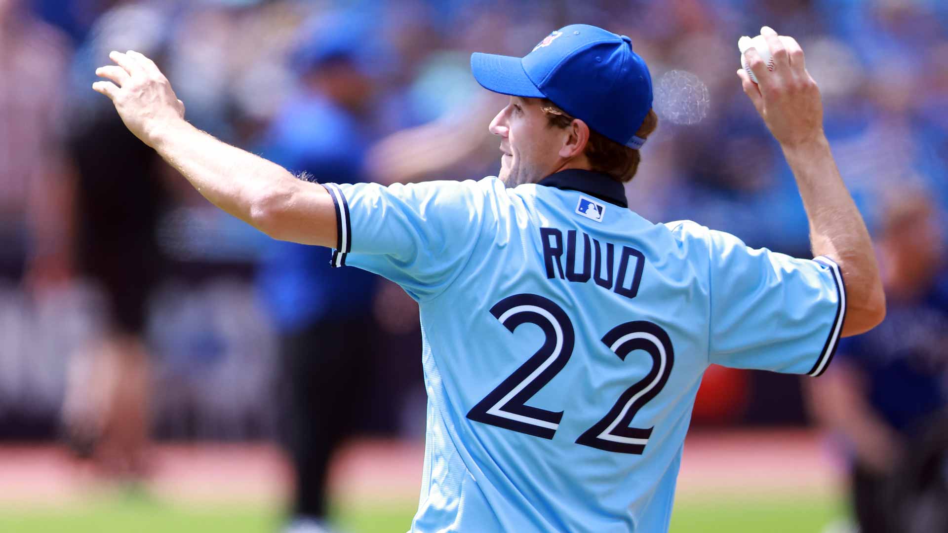Casper Ruud delivers the ceremonial first pitch at Thursday's Toronto Blue Jays game.