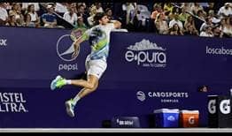 Stefanos Tsitsipas in action during Saturday's championship match at the Mifel Tennis Open by Telcel Oppo in Los Cabos.