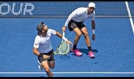 Jean-Julien Rojer and Marcelo Arevalo in semi-final action on Saturday in Toronto.