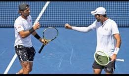 Jean-Julien Rojer and Marcelo Arevalo in action on Sunday during the Toronto championship match.