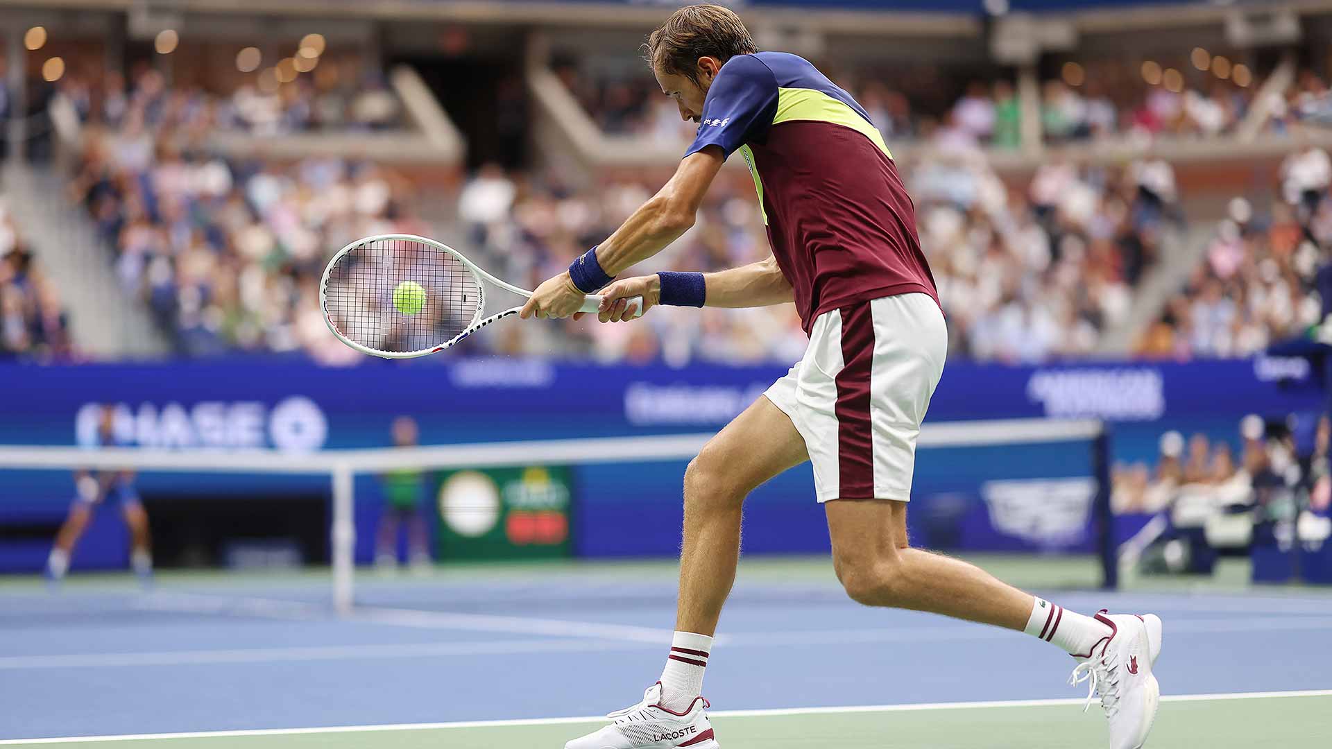 Daniil Medvedev holds set point in the second set against Novak Djokovic.