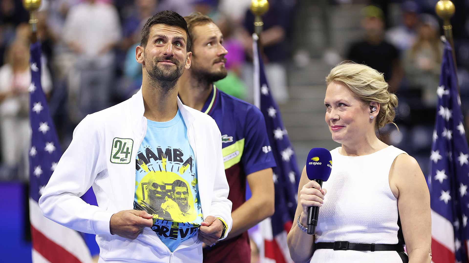 Novak Djokovic pays tribute to the late Kobe Bryant during the US Open trophy ceremony.